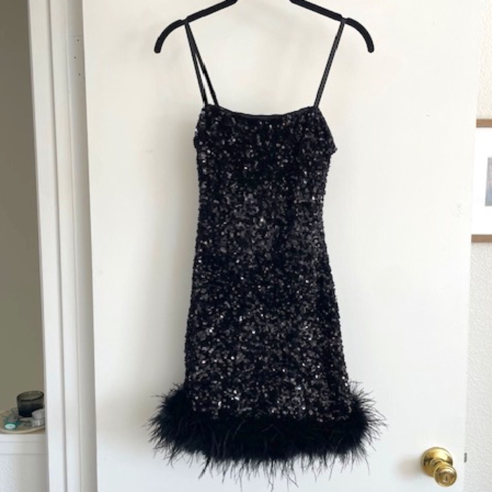 12th Tribe black sequin and feather mini dress